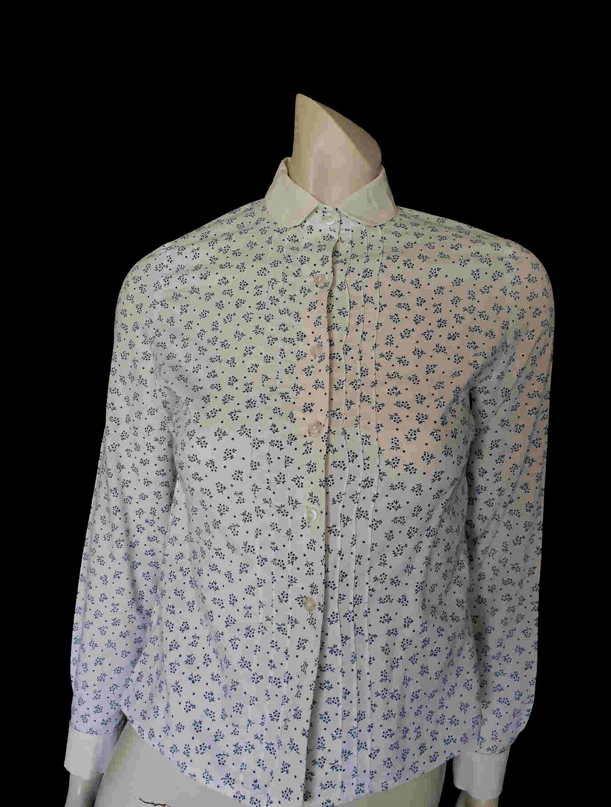 1970s Navy Print Cotton Blouse with Peter Pan Collar by Briarose - XS