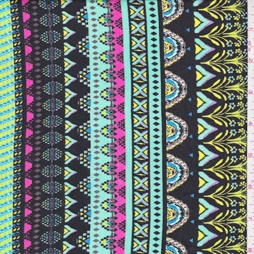 Black/Seafoam/Pink Deco Stripe Rayon Challis Fabric