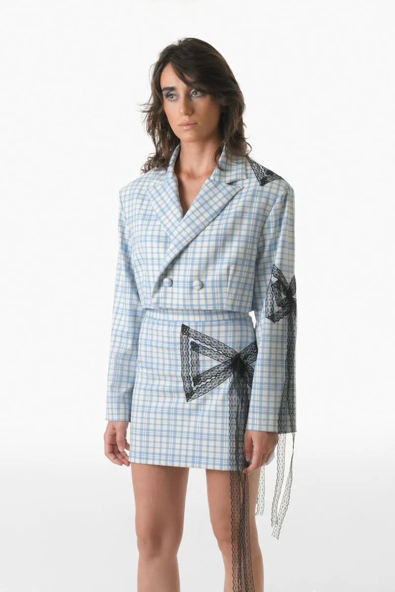 CHECKERED SKIRT WITH BOW TIE DETAIL IN BLUE AND BLACK