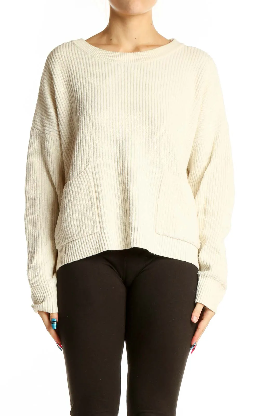 Cream Ribbed Knit Sweater with Pockets