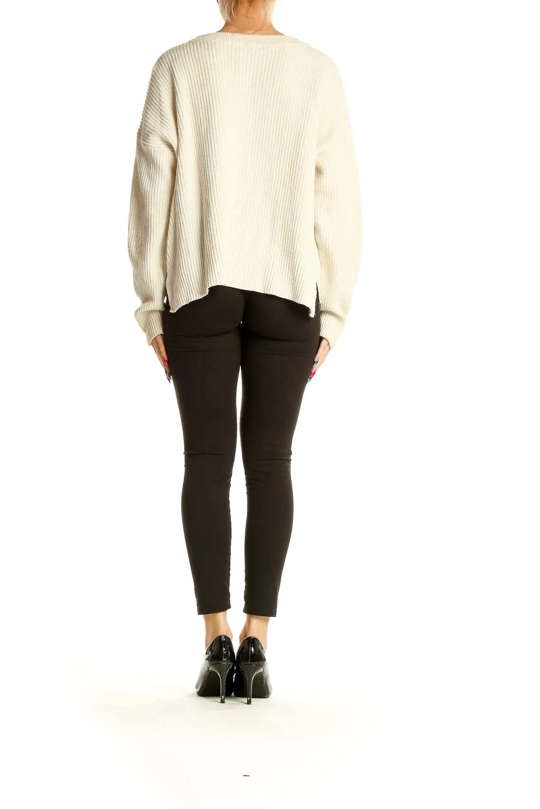 Cream Ribbed Knit Sweater with Pockets