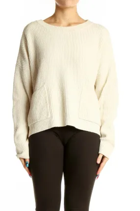 Cream Ribbed Knit Sweater with Pockets