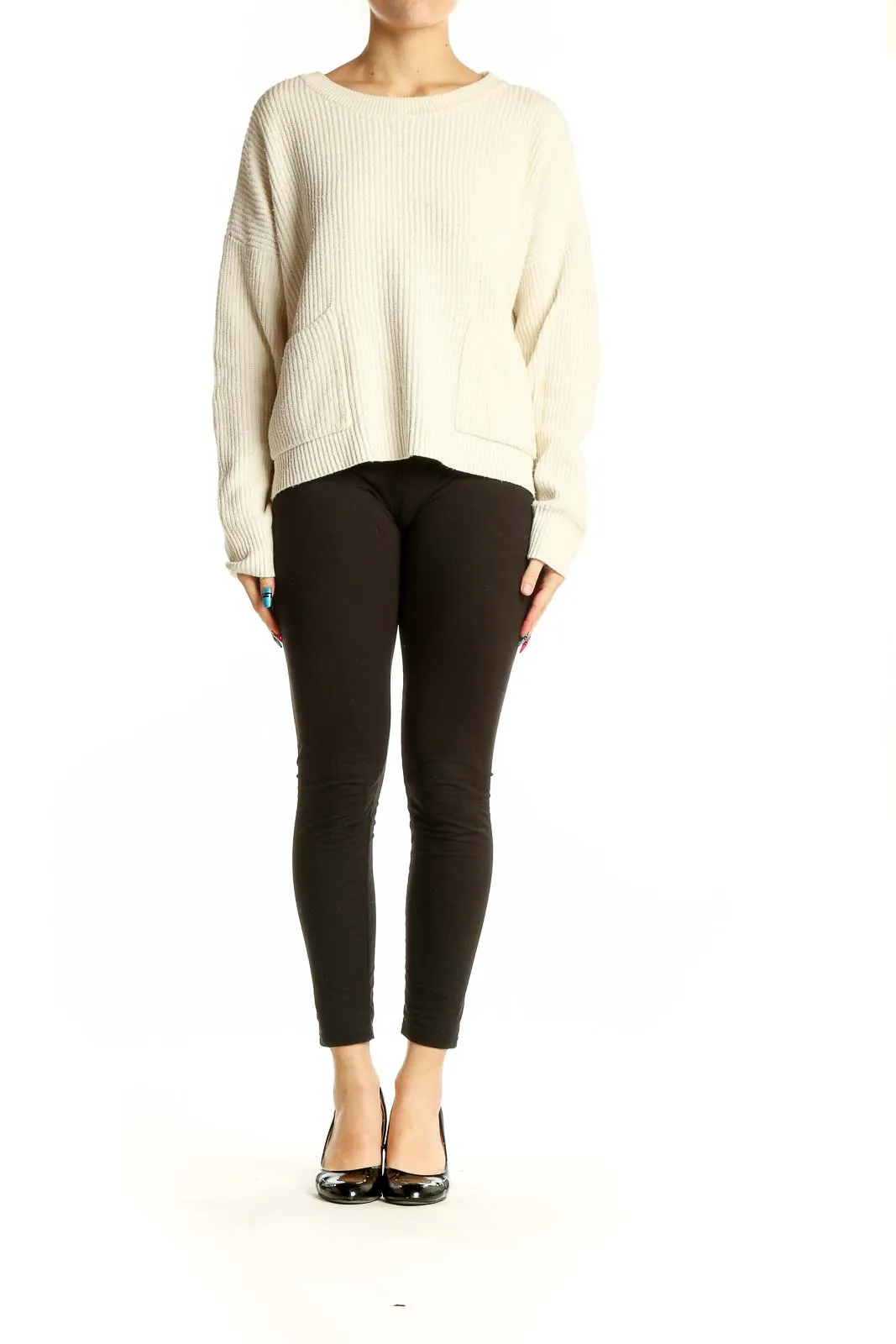 Cream Ribbed Knit Sweater with Pockets
