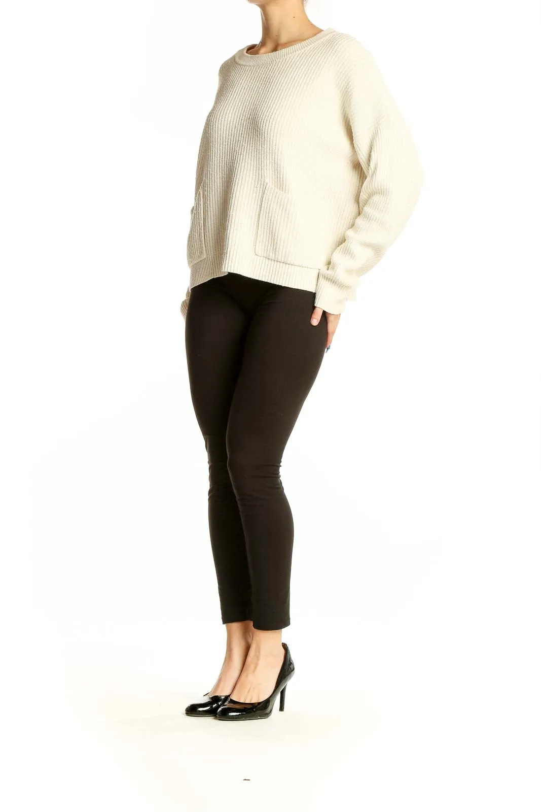 Cream Ribbed Knit Sweater with Pockets