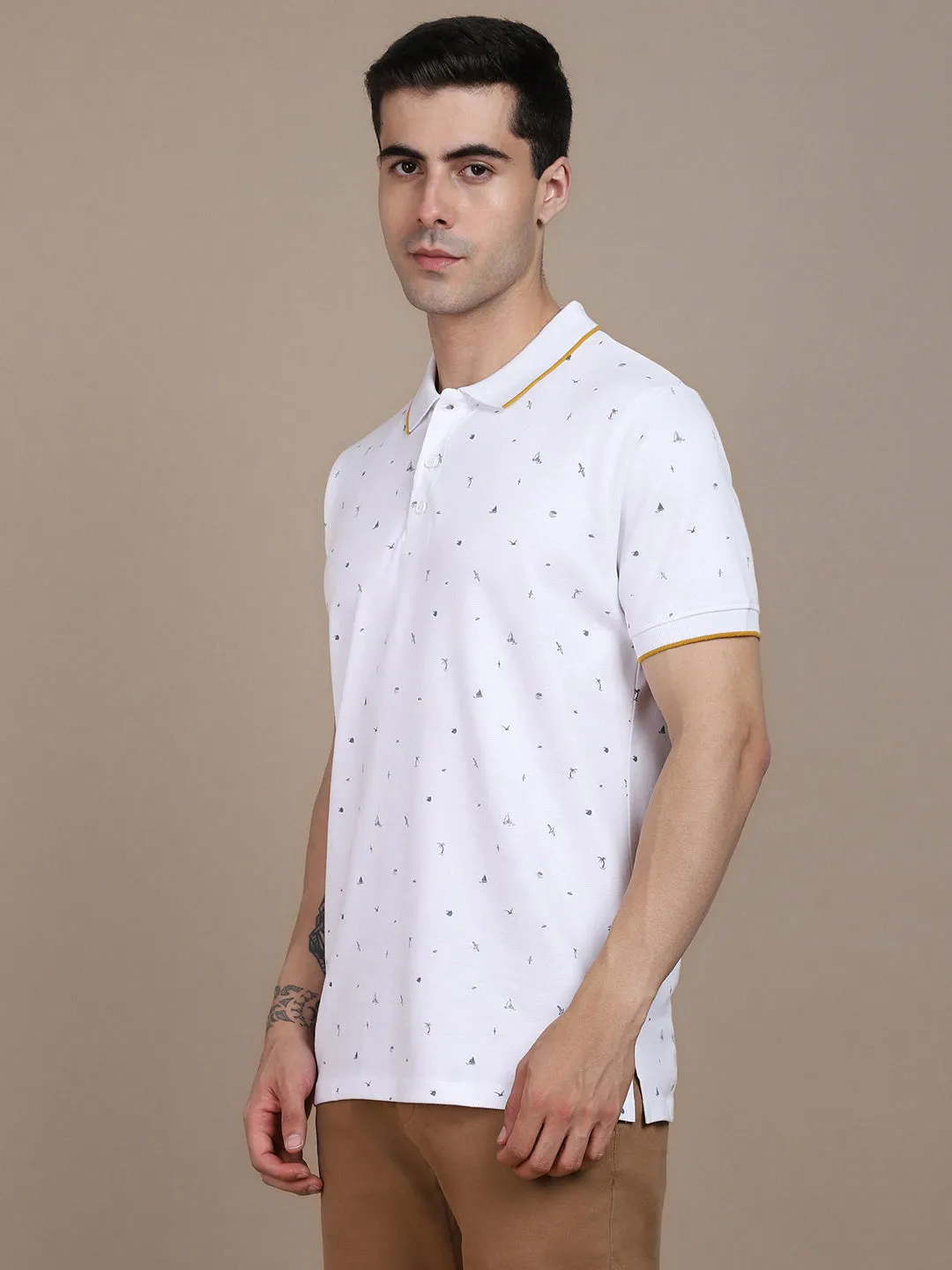 Dennis Lingo Micro Ditsy Printed Polo Collar Cotton T-shirt