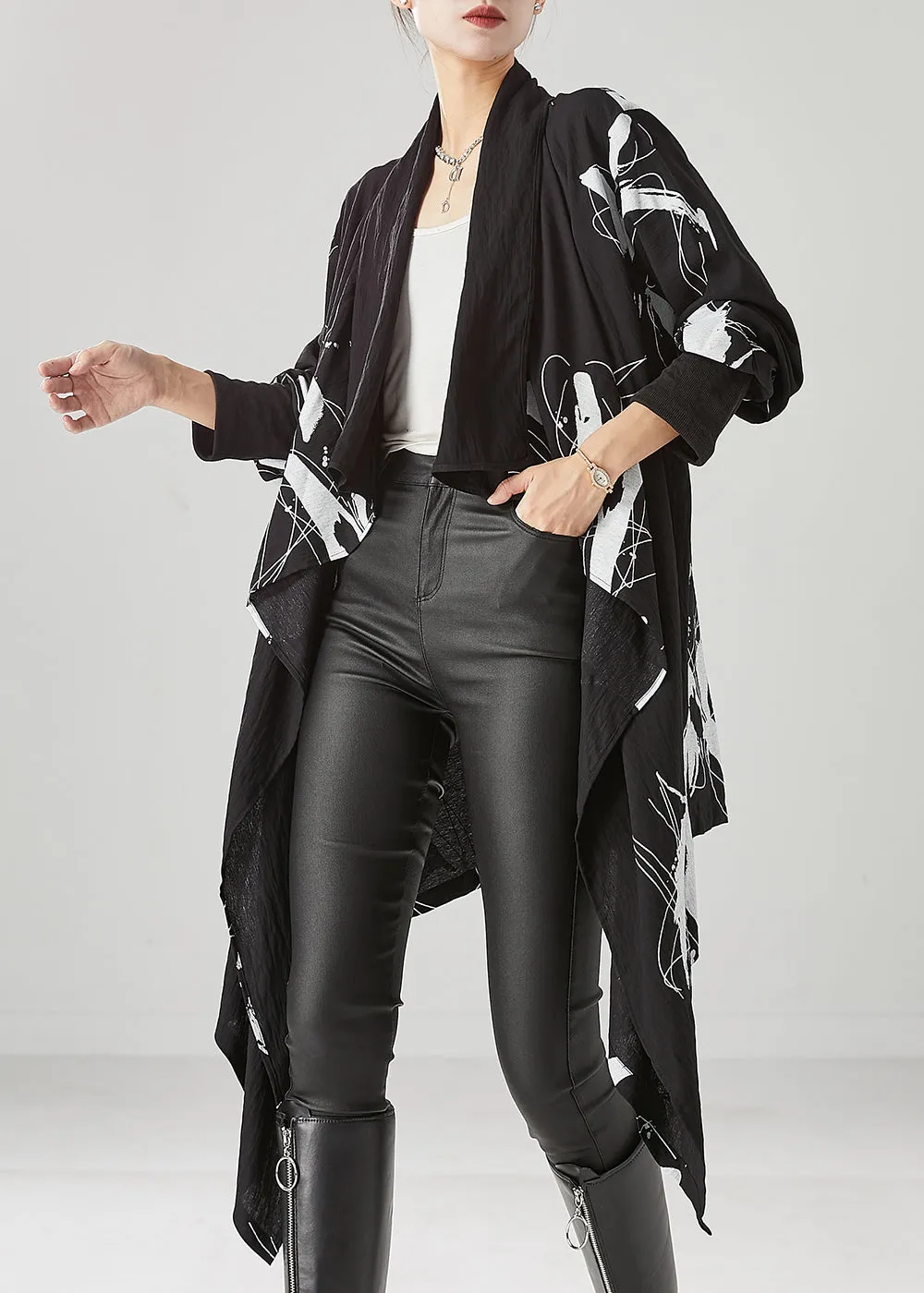 DIY Black Asymmetrical Print Cotton Cardigans Fall ML2444