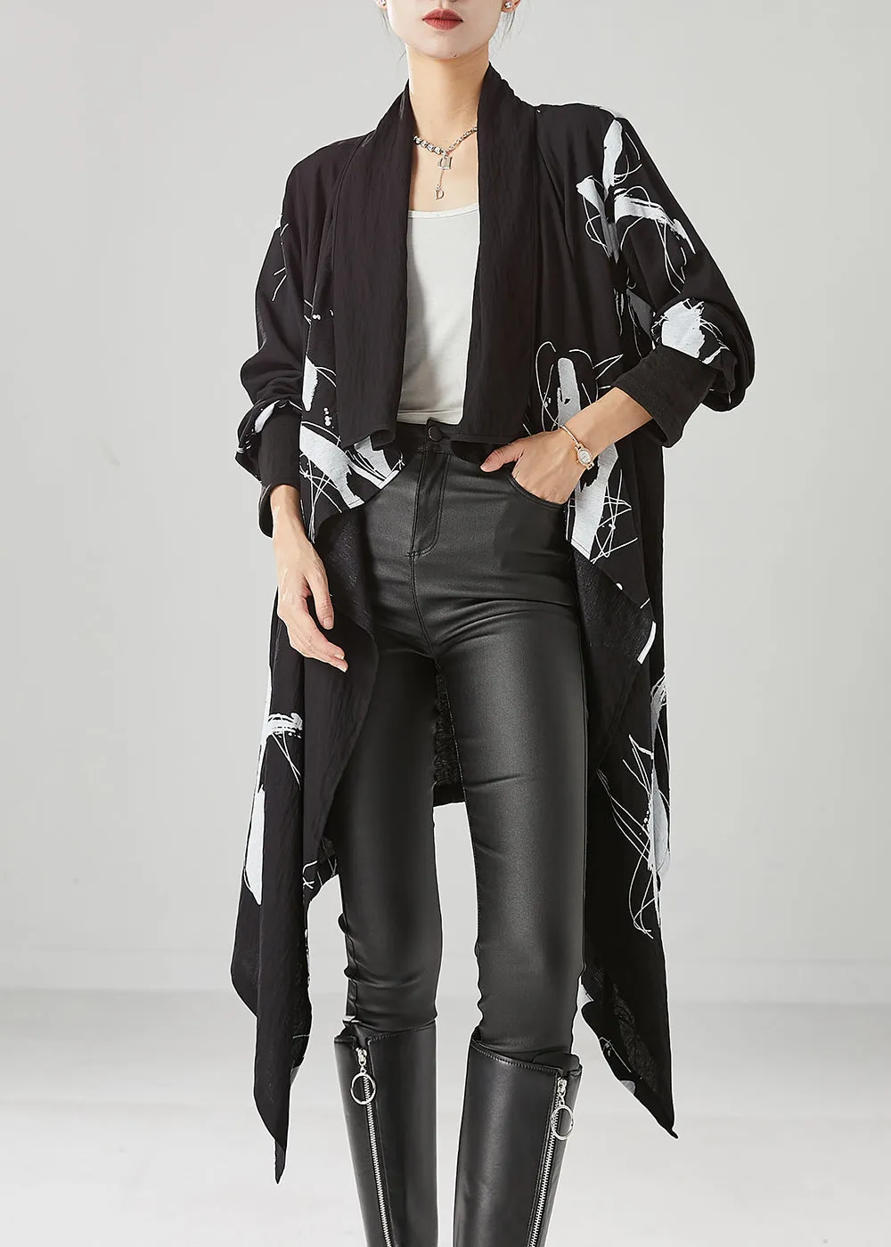 DIY Black Asymmetrical Print Cotton Cardigans Fall ML2444
