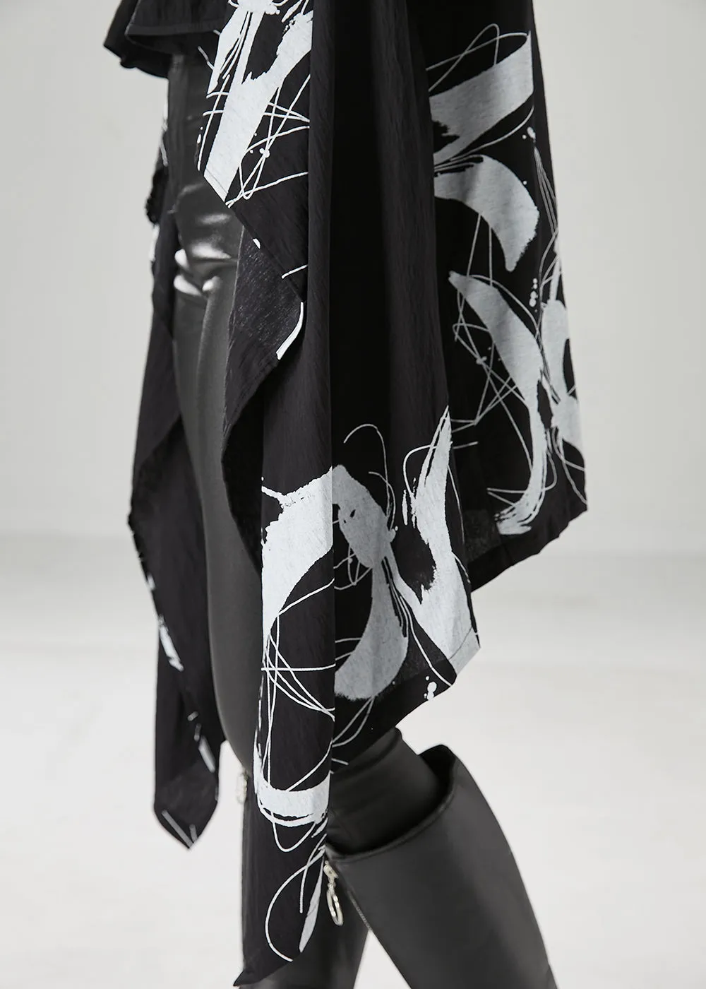 DIY Black Asymmetrical Print Cotton Cardigans Fall ML2444
