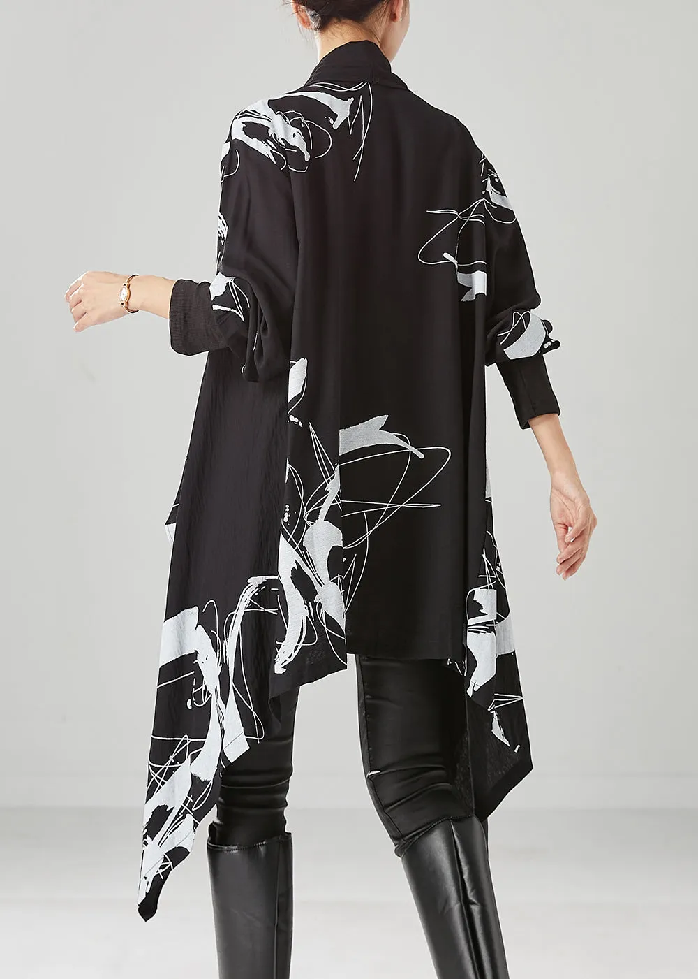 DIY Black Asymmetrical Print Cotton Cardigans Fall ML2444