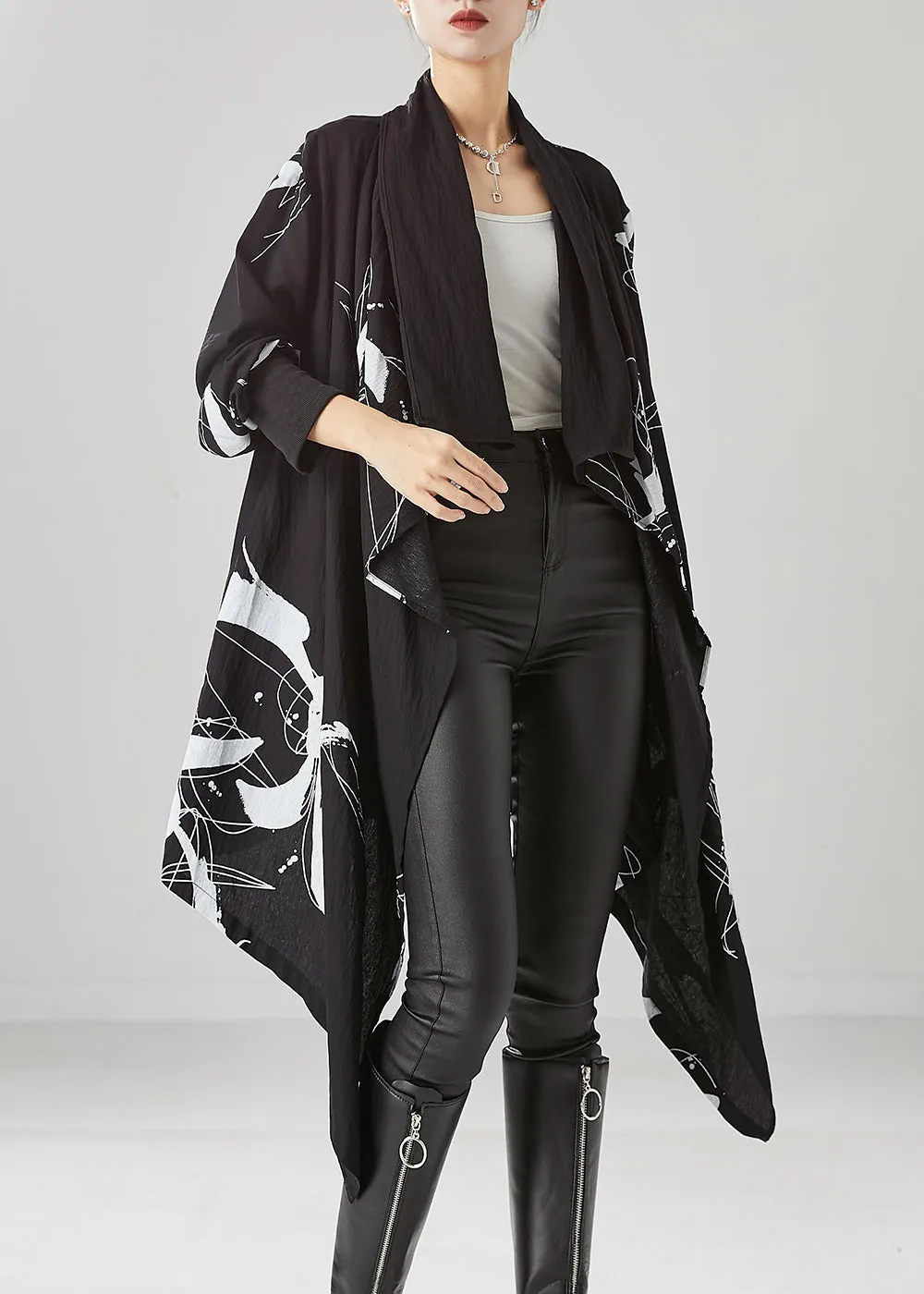 DIY Black Asymmetrical Print Cotton Cardigans Fall ML2444