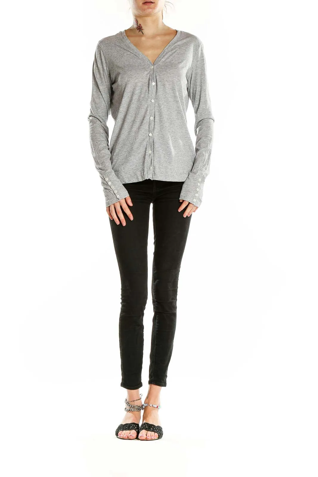 Gray Pima Cotton V-Neck Cardigan