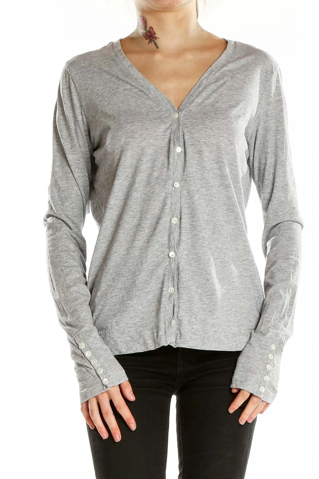 Gray Pima Cotton V-Neck Cardigan