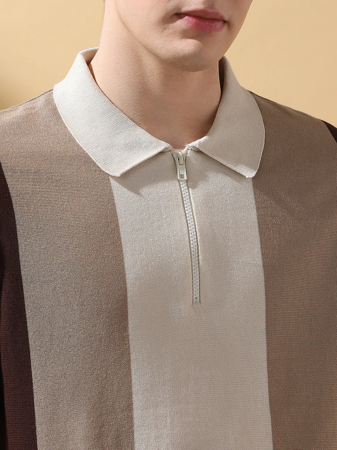 Men's Brown Colorblocked Spread Collar Half Sleeves T-shirt