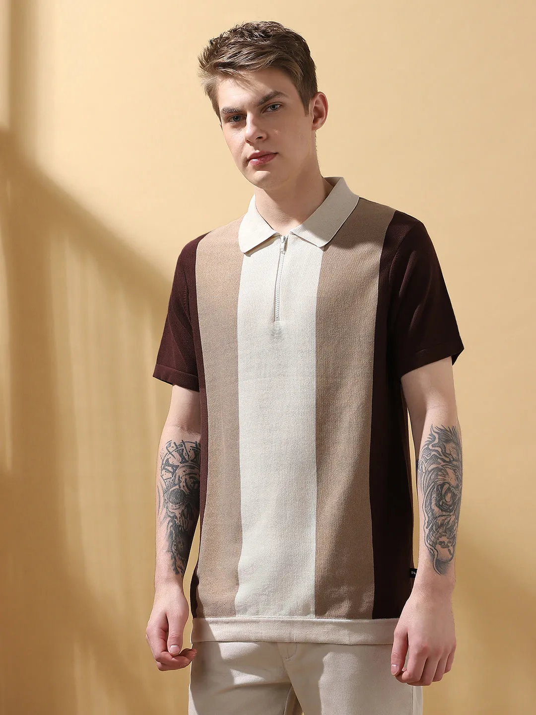 Men's Brown Colorblocked Spread Collar Half Sleeves T-shirt