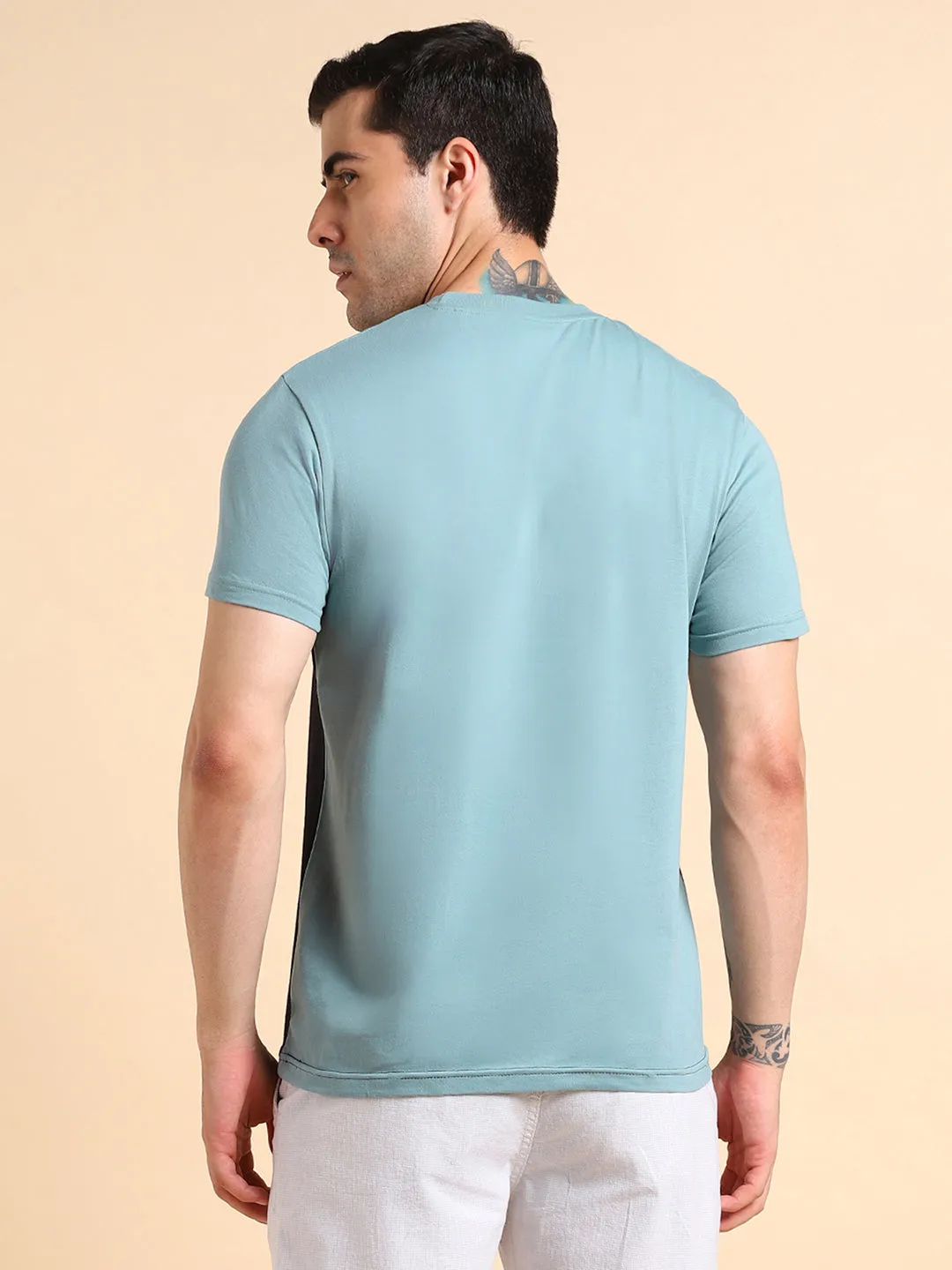 Men's Crew Neck Regular Fit Sea Green Colorblock T-Shirt