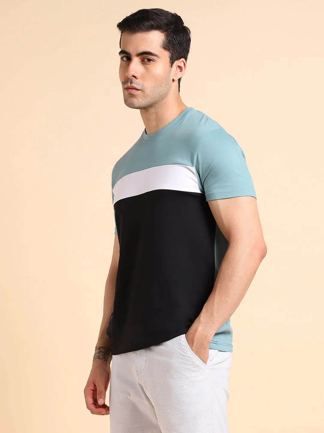 Men's Crew Neck Regular Fit Sea Green Colorblock T-Shirt