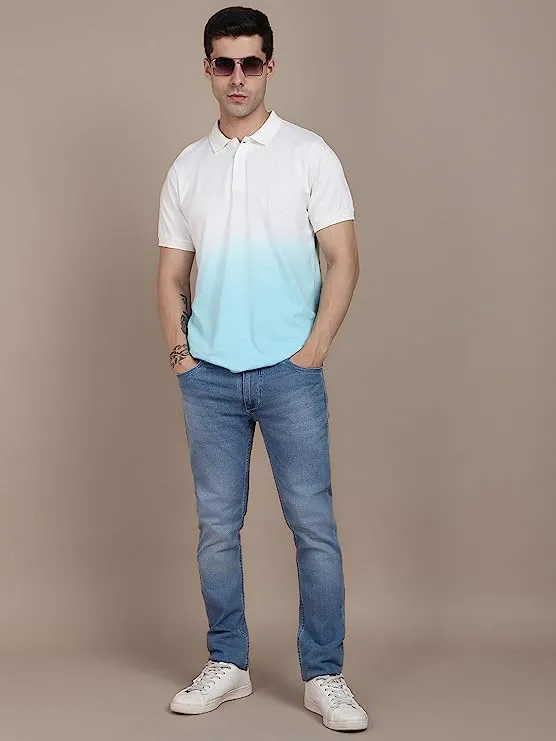Men's Spread Collar Regular Fit Ombre Blue T-shirt