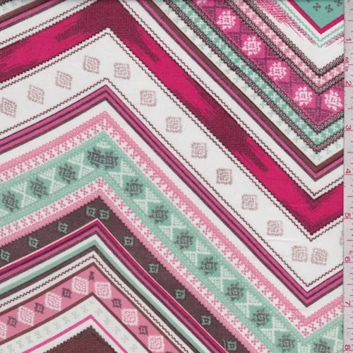 Mint/Berry/Brown Zig Zag Rayon Challis Fabric