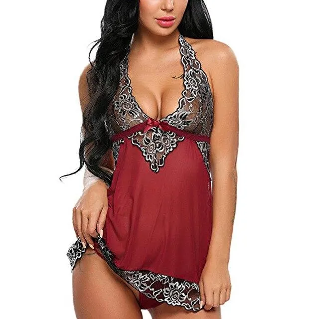 Sexy Two-tone lace women's skirts sexy lingerie  Floral Mesh Vintage Slip  Halter Cut Out  Backless Sleepwear