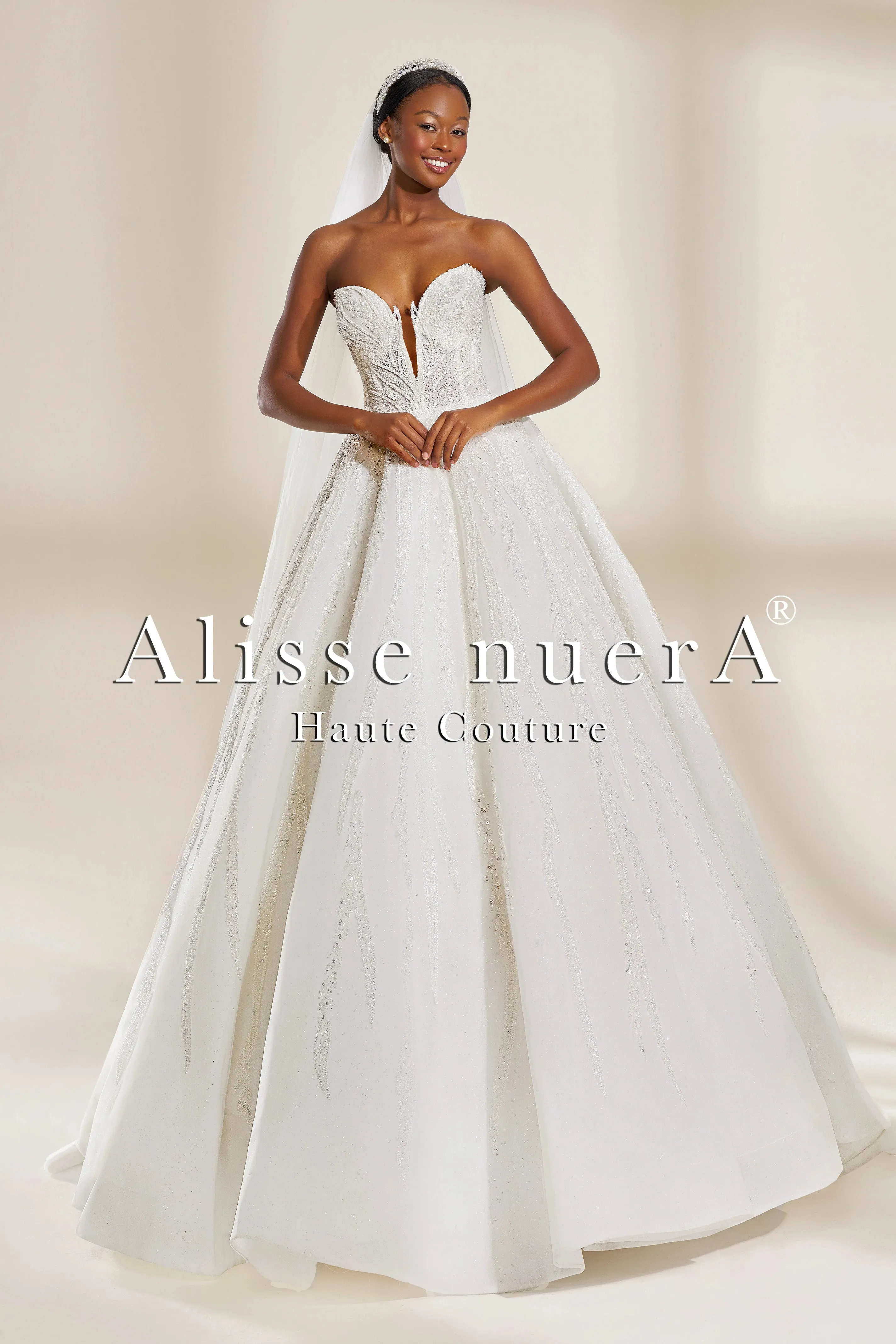 Strapless Sweetheart Neckline A-Line Wedding Dress with Sparkling Embroidered Lace